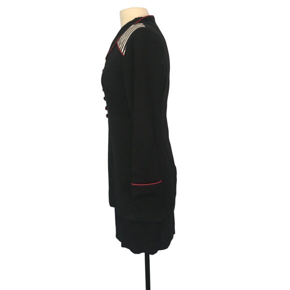 JSJ Petites Vintage 80s Black White Rayon Mod Peplum Dress 4, 34 bust Red Piping - Picture 7 of 9